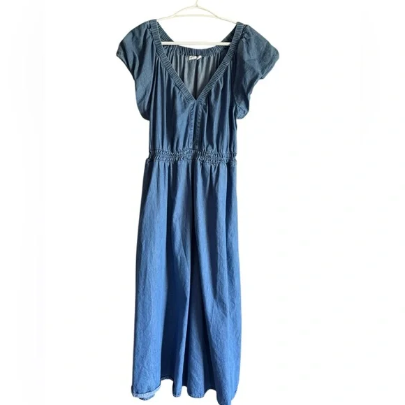 GAP Blue V-Neck lightweight denim Midi dress, elastic waist/neck, size Small - Picture 2 of 9
